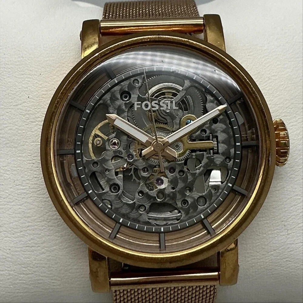 Fossil ME3099 Mens Watch 38mm Skeleton Dial Rose Gold Tone Bracelet Automatic